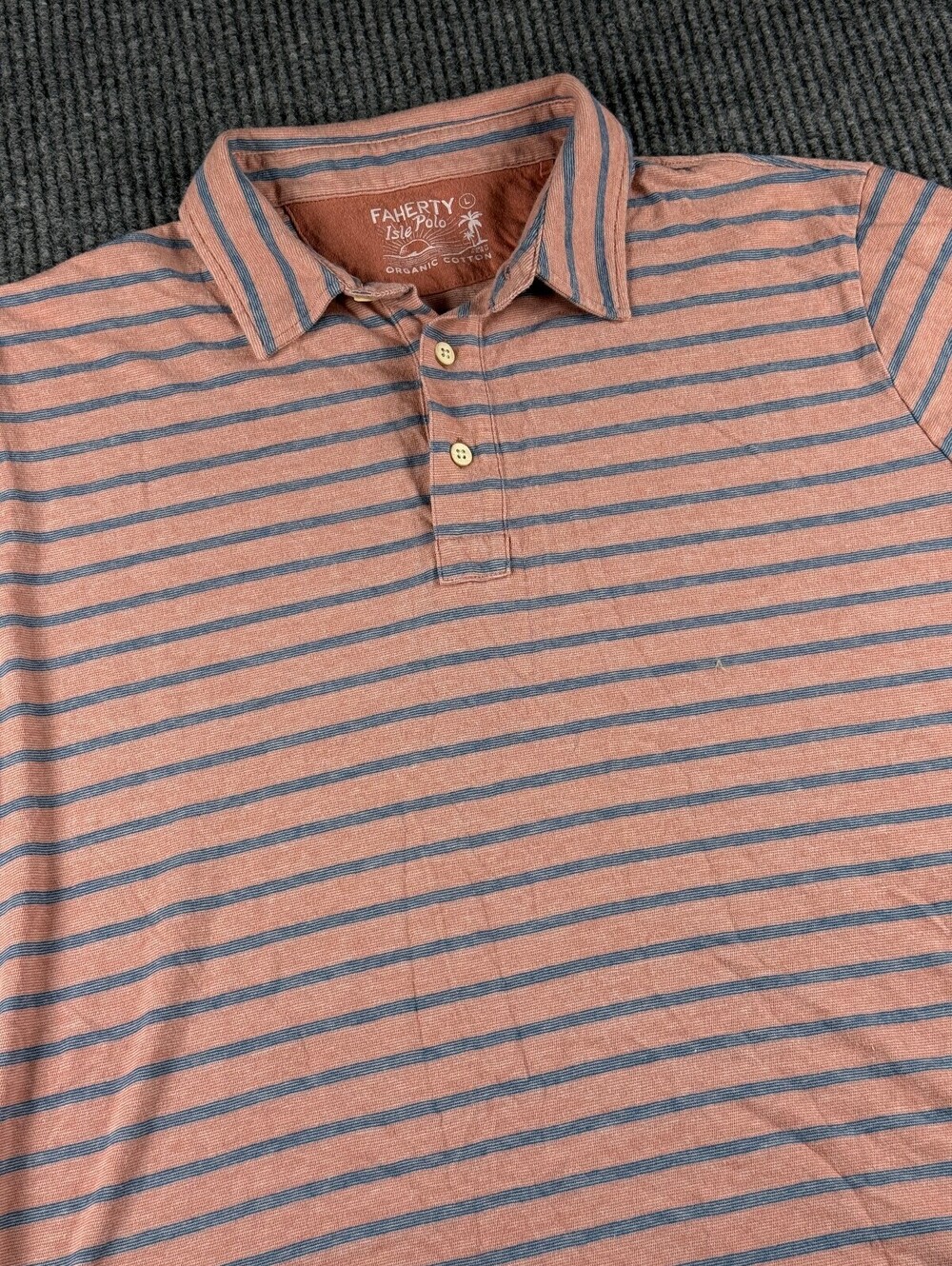 Faherty Isle Polo Mens L Short Sleeve Peach Light Blue Striped Organic Cotton